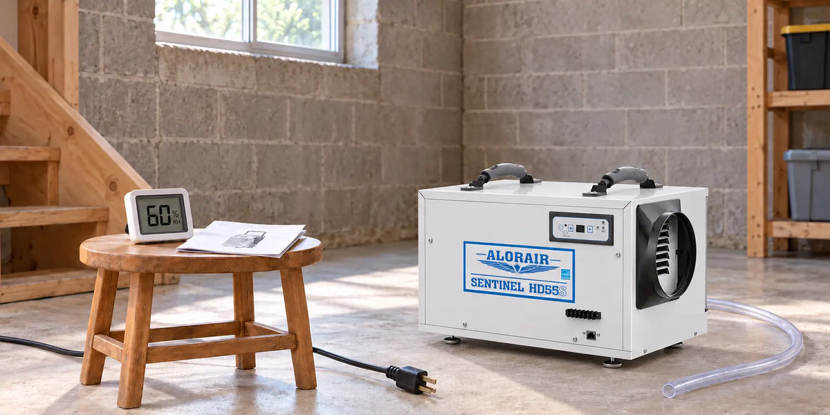 AlorAir Sentinel HD55S dehumidifier beside a hygrometer and manual during a power-off troubleshooting check.