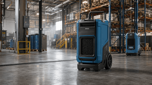 AlorAir industrial dehumidifiers operating in a large warehouse