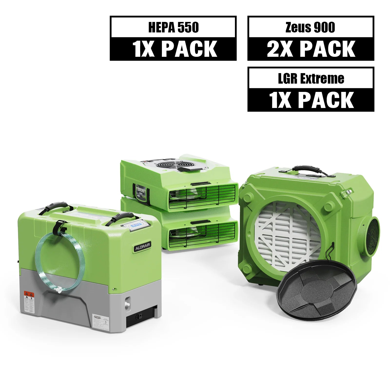 AlorAir Water Damage Restoration Combo Pack, 1 XStorm LGR Extreme Dehumidifier, 2 X Zeus 900 Air Mover, 1 X CleanShield HEPA 550 Air Scrubber