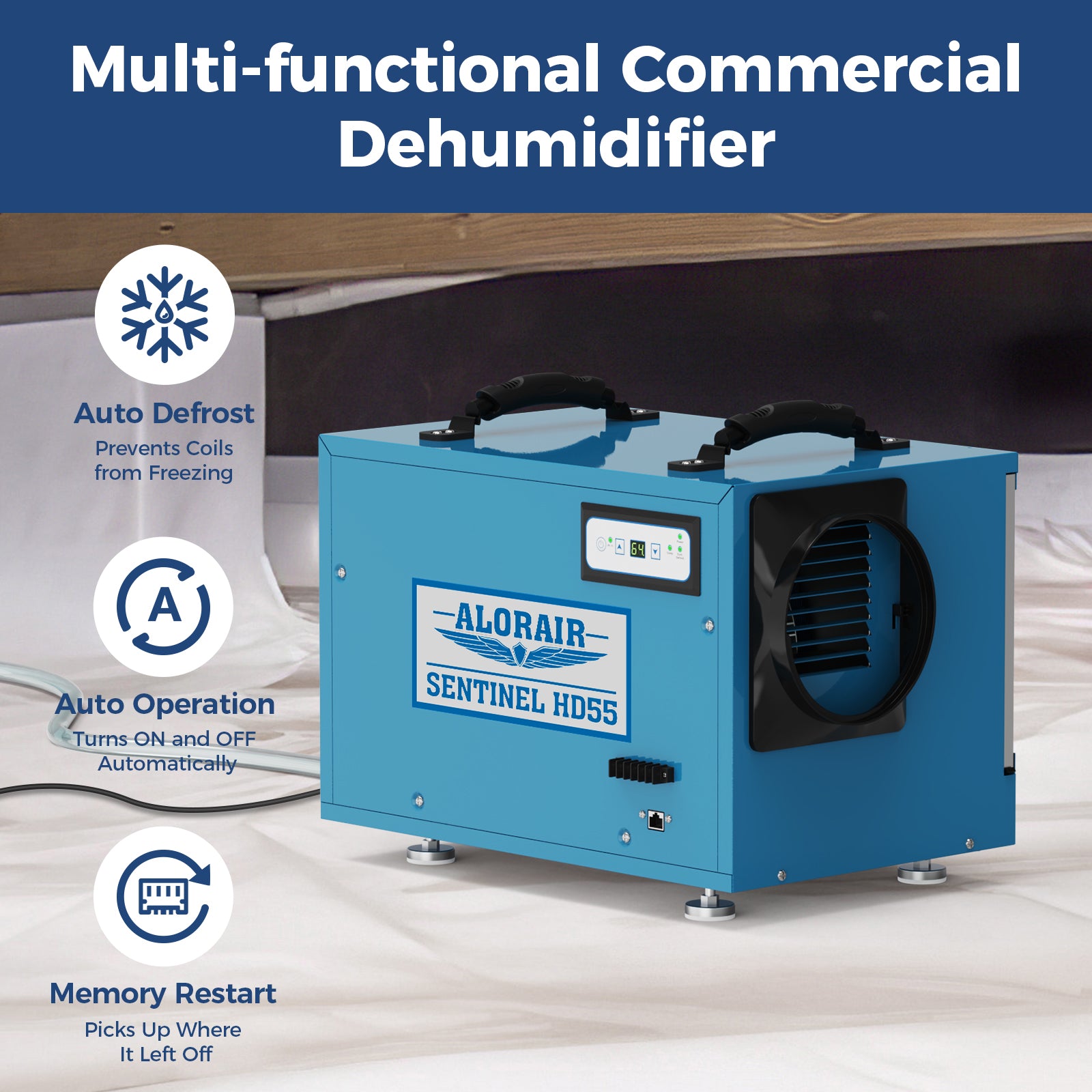 AlorAir WiFi 113 PPD Crawlspace Dehumidifier | Sentinel HD55 Blue Wifi | Size for 1200 sq.ft