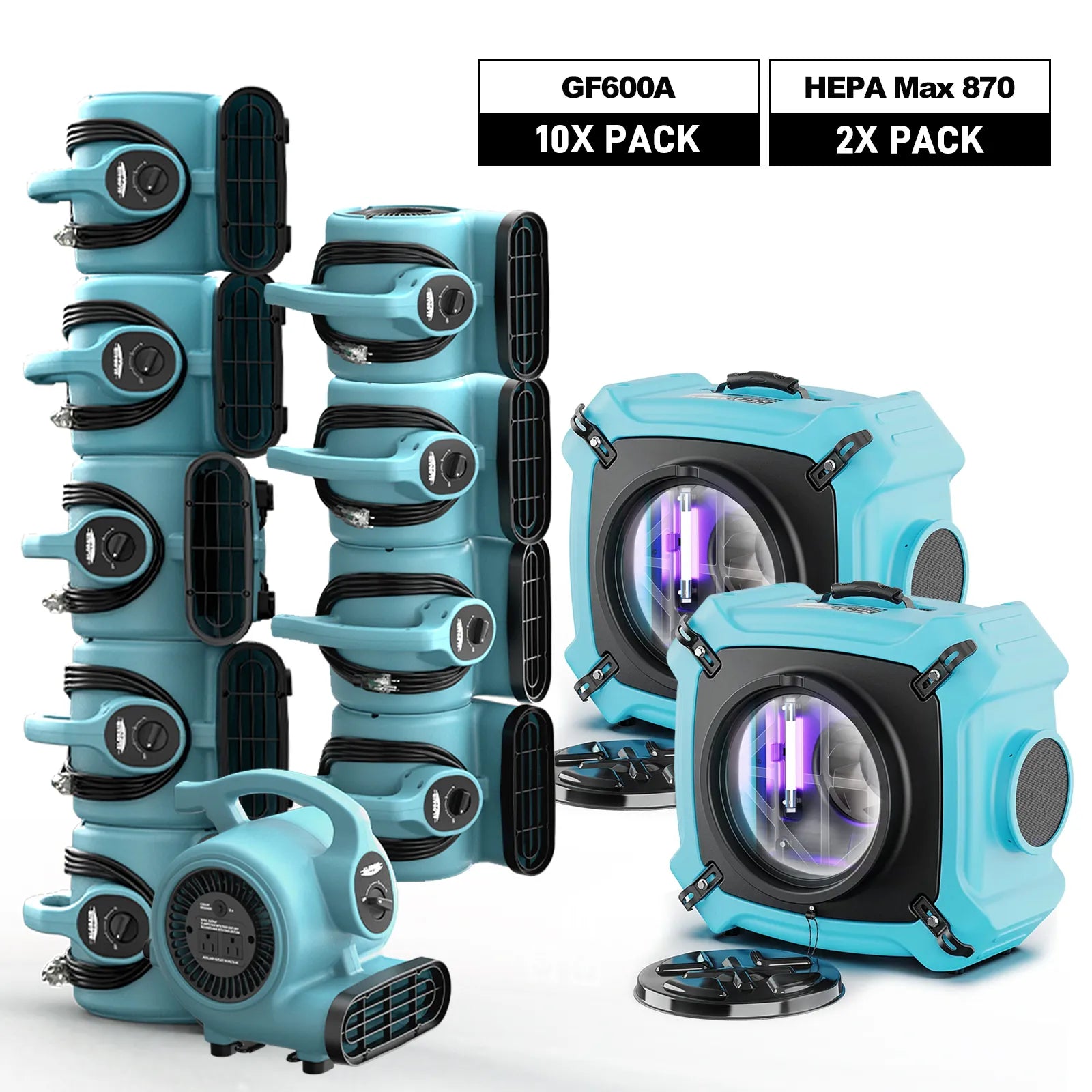 AlorAir Sanitization & Disinfection Combo Pack, 10 X GF600A Air Mover, 2 X HEPA Max 870 Air Scrubber