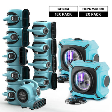 AlorAir Sanitization & Disinfection Combo Pack, 10 X GF600A Air Mover, 2 X HEPA Max 870 Air Scrubber