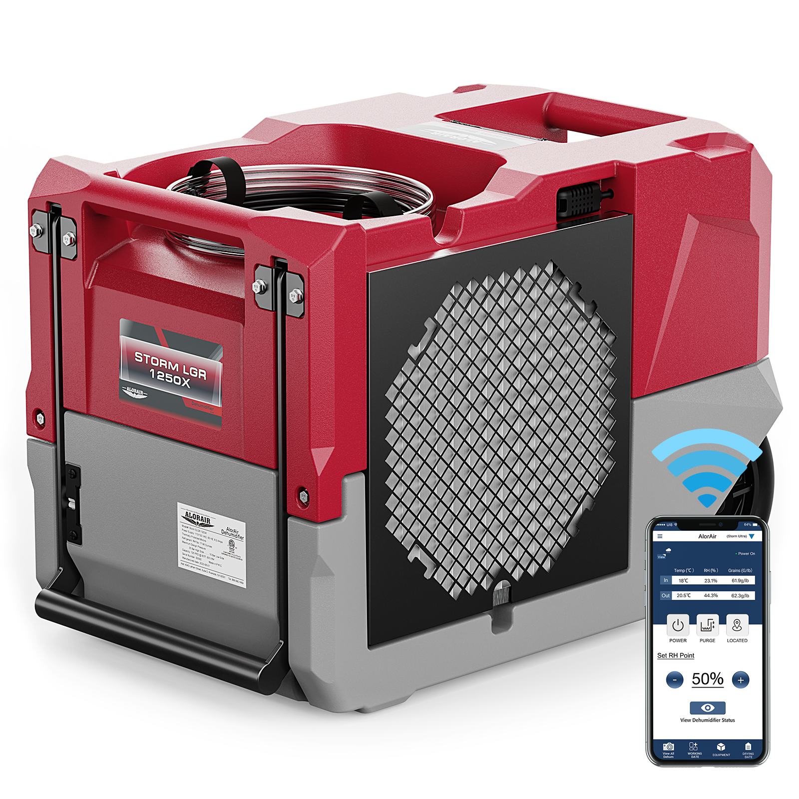 AlorAir® Storm LGR 1250X | Smart Wi-Fi 264 PPD Industrial Commercial Dehumidifiers with Pump for Basements, Garages, and Job Sites, Red