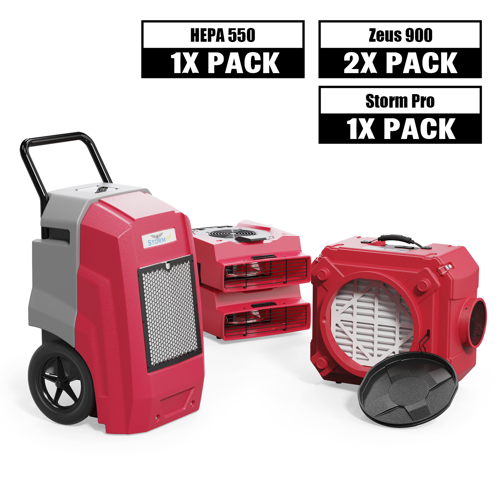 AlorAir Water Damage Restoration Combo Pack, 1 X Storm Pro Dehumidifier, 2 X Zeus 900 Air Mover, 1 X HEPA 550 Air Scrubber