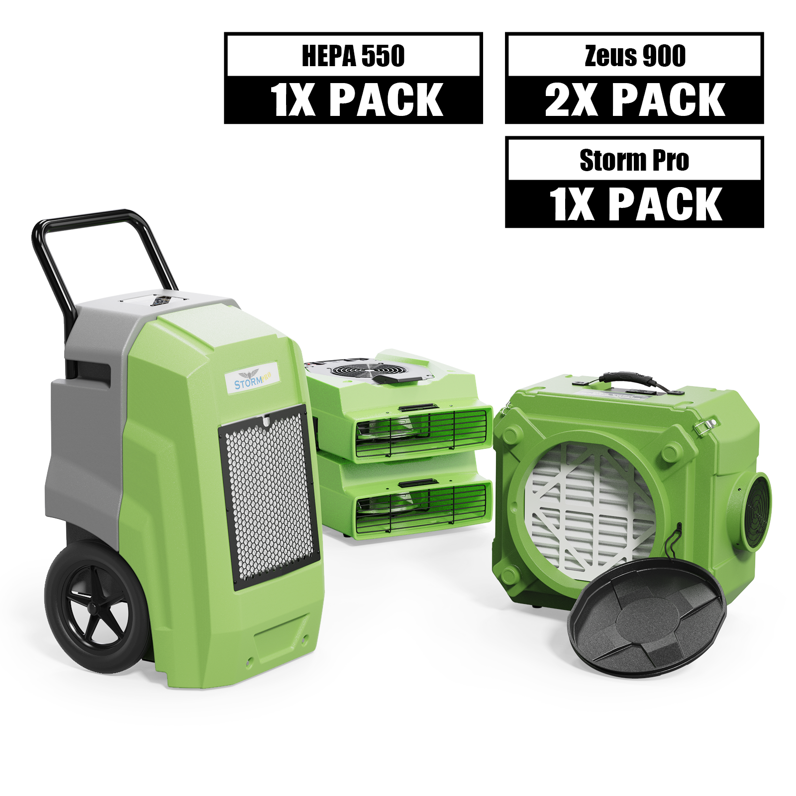 AlorAir Water Damage Restoration Combo Pack, 1 X Storm Pro Dehumidifier, 2 X Zeus 900 Air Mover, 1 X HEPA 550 Air Scrubber