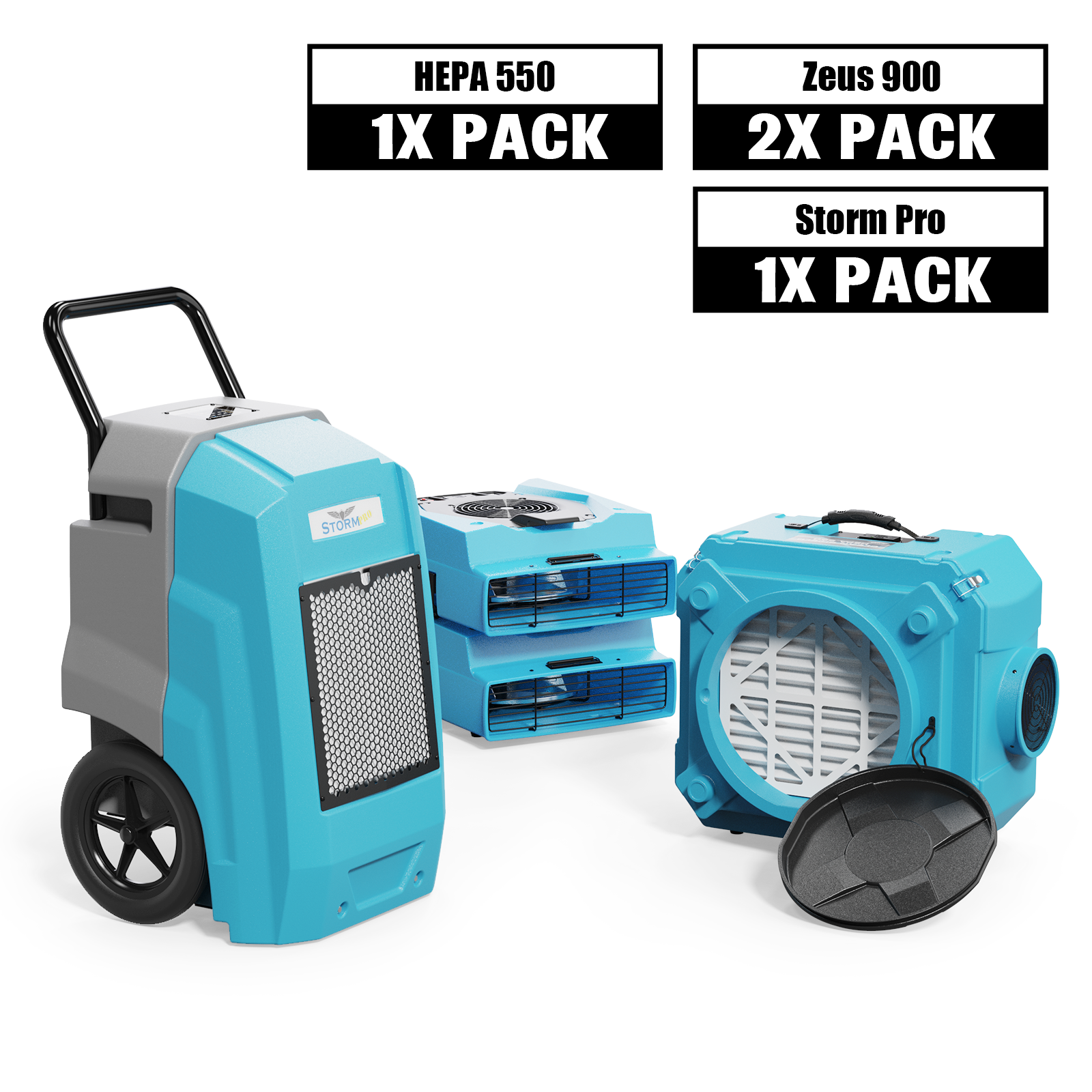 AlorAir Water Damage Restoration Combo Pack, 1 X Storm Pro Dehumidifier, 2 X Zeus 900 Air Mover, 1 X HEPA 550 Air Scrubber
