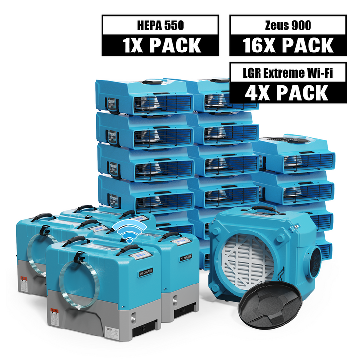 AlorAir® Water Damage Restoration Equipment Packagerm LGR Extreme Wi-Fi 85 Pint, 4 x Sto Commercial Dehumidifier, 16 x Zeus Air Mover, 1 x HEPA 550
