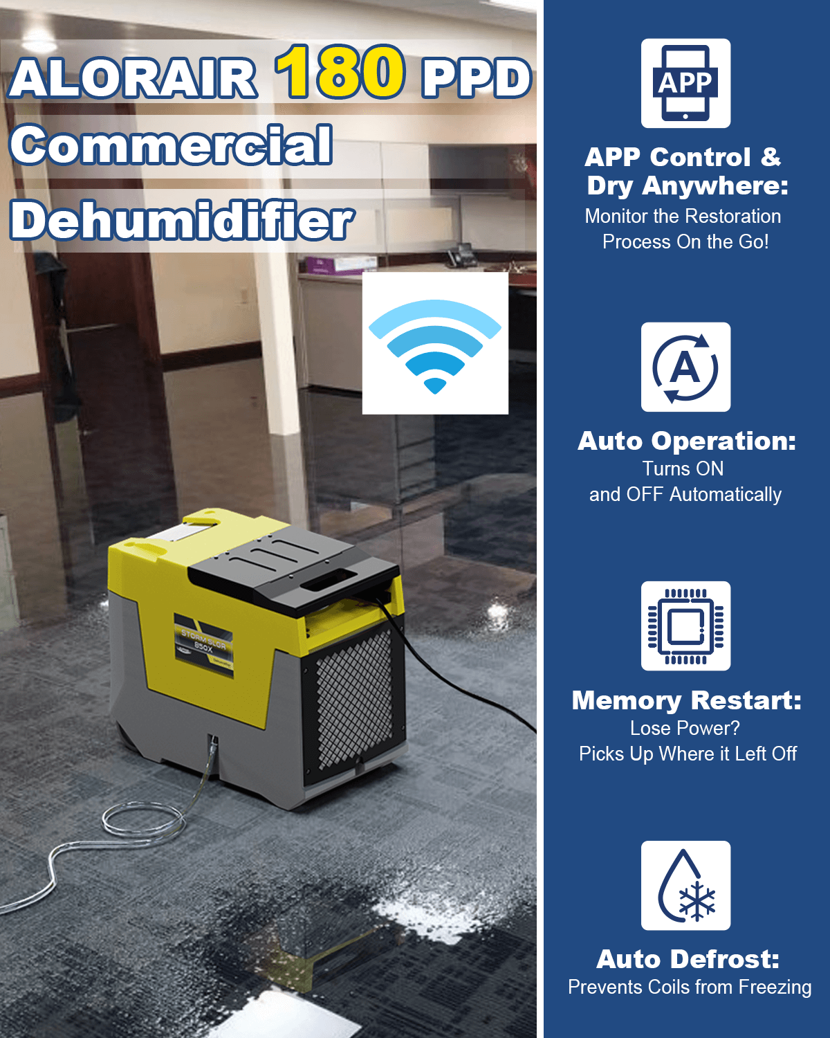 Alorair Water Damage Restoration Equipment with Storm SLGR 850X WIFI Commercial Dehumidifier*1, HEPA 550 Air Scrubber*1,GE3000T Air Movers*2