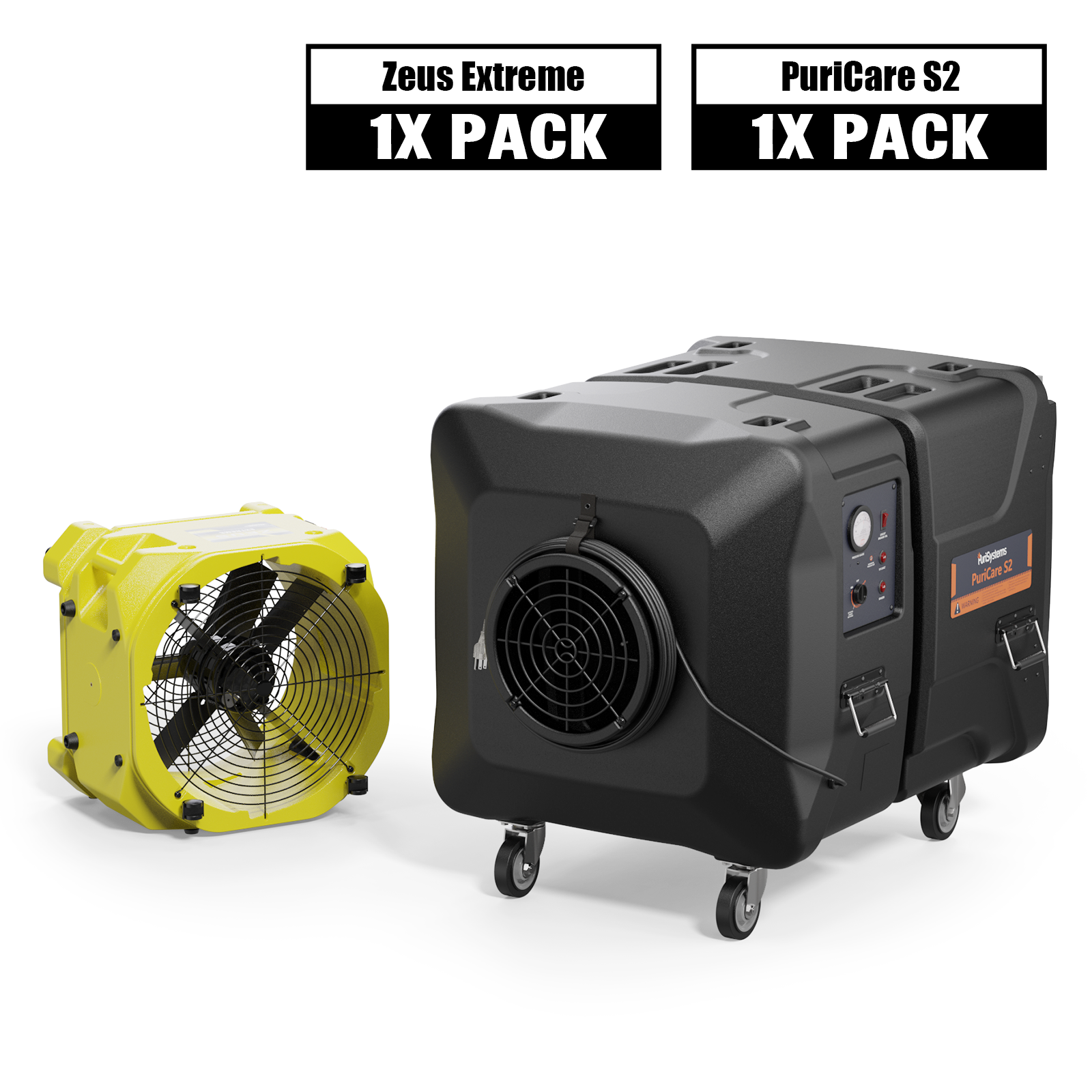 Alorair® Commercial Fire & Smoke Restoration Combo Pack, 1 x Air Mover and 1 x Scrubber | Zeus Extreme & PuriCare S2