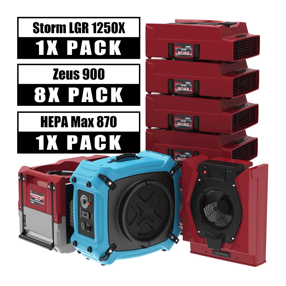 Alorair Water Damage Restoration Combo Pack, 1 X Storm LGR 1250X Smart WIFI Commercial Dehumidifier, 8 X Zeus 900 Air Mover, 1 X HEPA Max 870 Scrubber