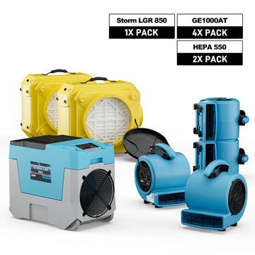 AlorAir Water Damage Restoration Combo Pack, 1 X Storm LGR 850 Dehumidifier, 4 X GE1000AT Air Mover, 2 X HEPA 550 Air Scrubber