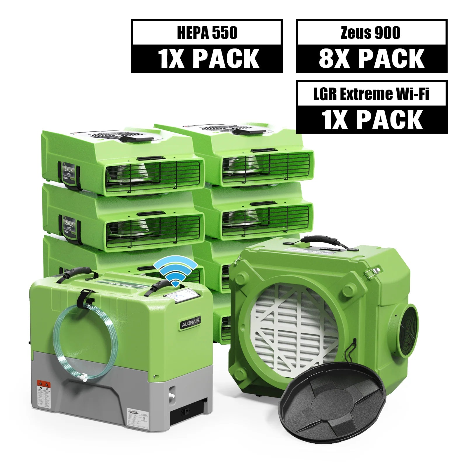 Alorair Water Damage Restoration Combo Pack, 1 X Storm LGR Extreme WI-FI Commercial Dehumidifier, 8 X Zeus 900 Air Mover, 1 X CleanShield HEPA 550 Scrubber