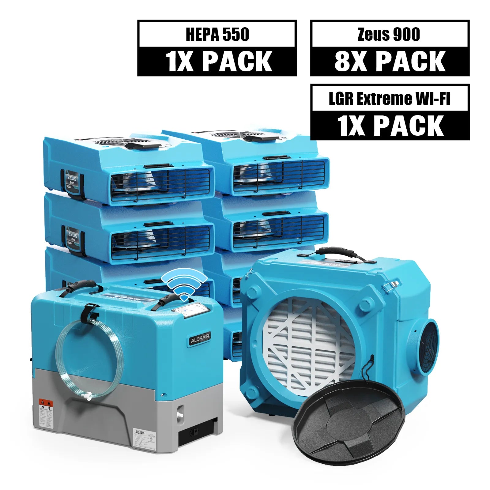 Alorair Water Damage Restoration Combo Pack, 1 X Storm LGR Extreme WI-FI Commercial Dehumidifier, 8 X Zeus 900 Air Mover, 1 X CleanShield HEPA 550 Scrubber
