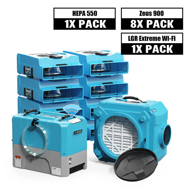 Alorair Water Damage Restoration Combo Pack, 1 X Storm LGR Extreme WI-FI Commercial Dehumidifier, 8 X Zeus 900 Air Mover, 1 X CleanShield HEPA 550 Scrubber
