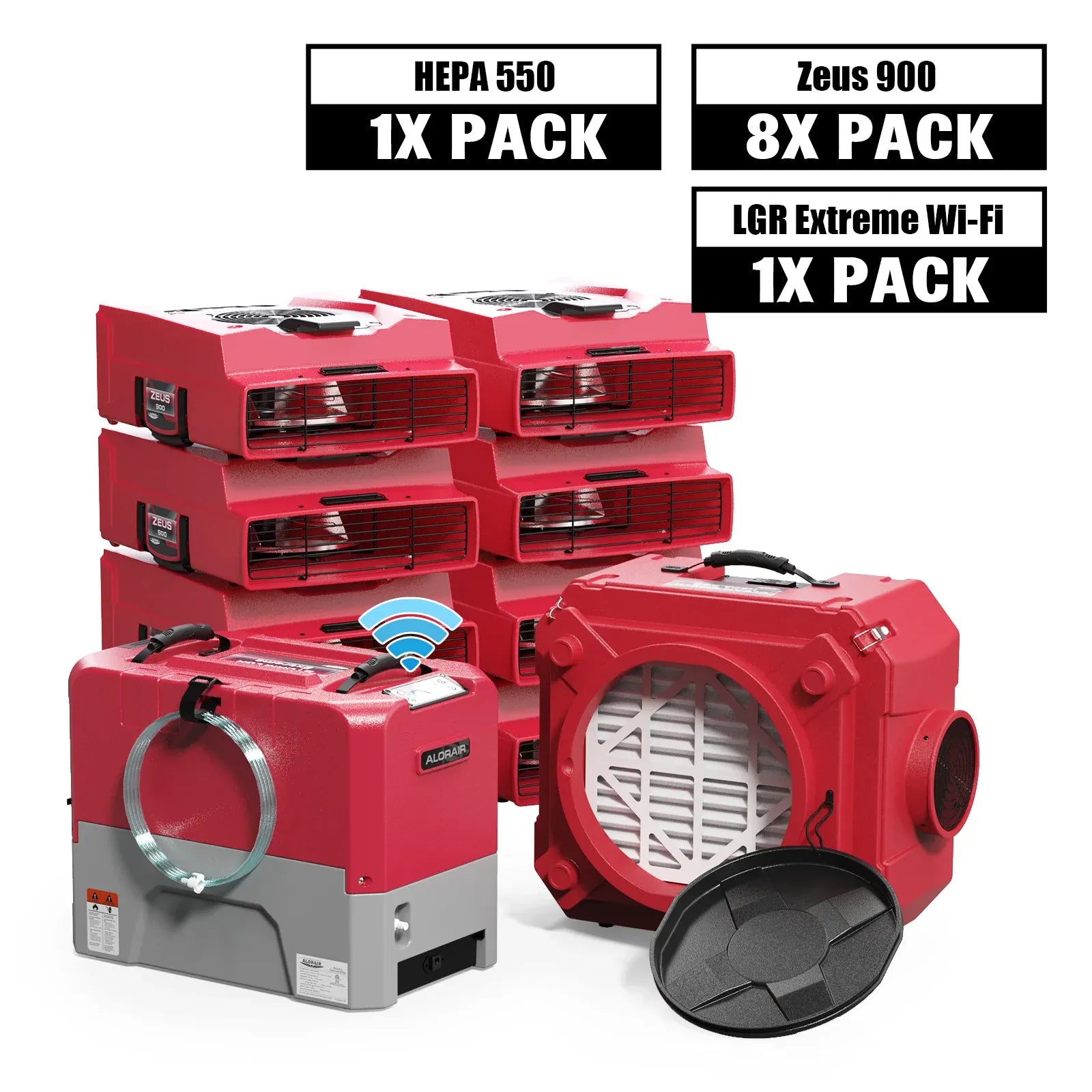 Alorair Water Damage Restoration Combo Pack, 1 X Storm LGR Extreme WI-FI Commercial Dehumidifier, 8 X Zeus 900 Air Mover, 1 X CleanShield HEPA 550 Scrubber