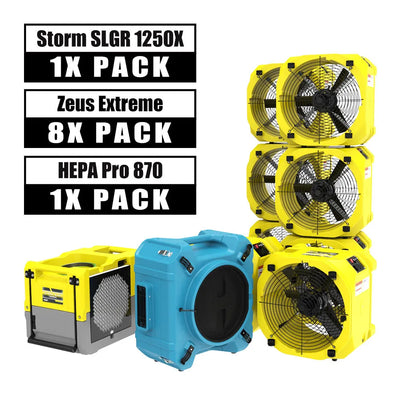 Alorair Water Damage Restoration Combo Pack, 1 X Storm SLGR 1250X Smart WIFI Commercial Dehumidifier, 8 X Zeus Extreme Air Mover, 1 X HEPA Pro 870 Scrubber