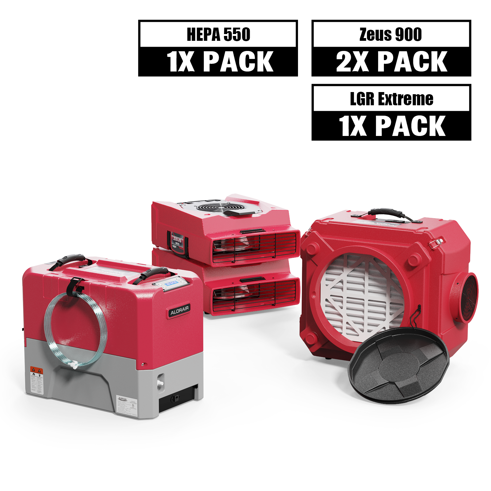 AlorAir Water Damage Restoration Combo Pack, 1 XStorm LGR Extreme Dehumidifier, 2 X Zeus 900 Air Mover, 1 X CleanShield HEPA 550 Air Scrubber