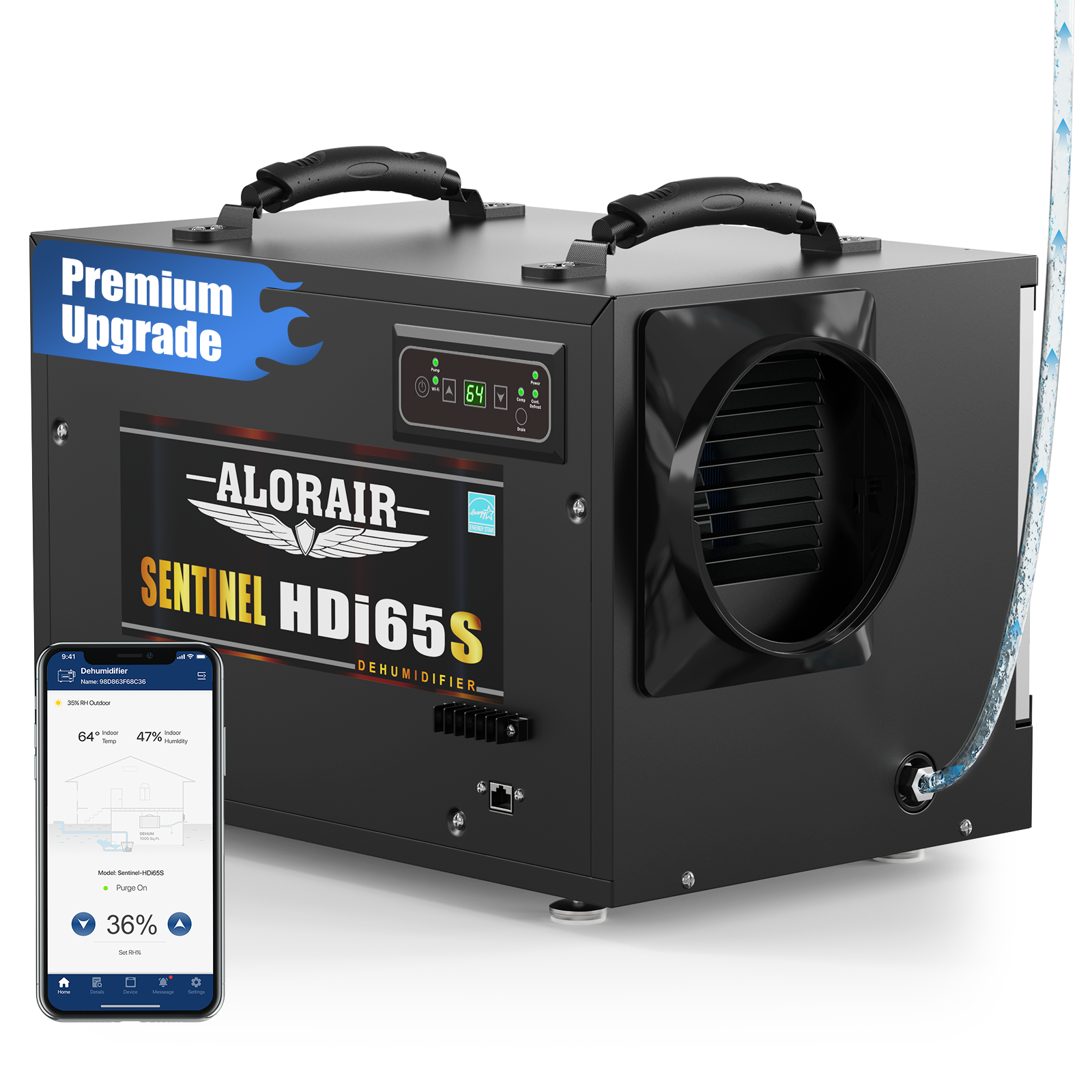 AlorAir App Controlled 120 PPD Crawl Space Dehumidifiers Size for 1300 sq.ft with Pump | Sentinel HDi65S WIFI