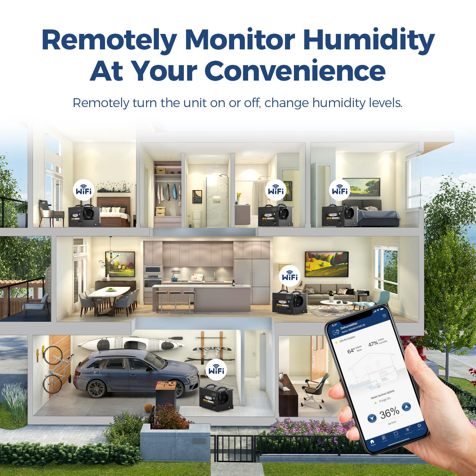 AlorAir App Controlled 120 PPD Crawl Space Dehumidifiers Size for 1300 sq.ft with Pump | Sentinel HDi65S WIFI