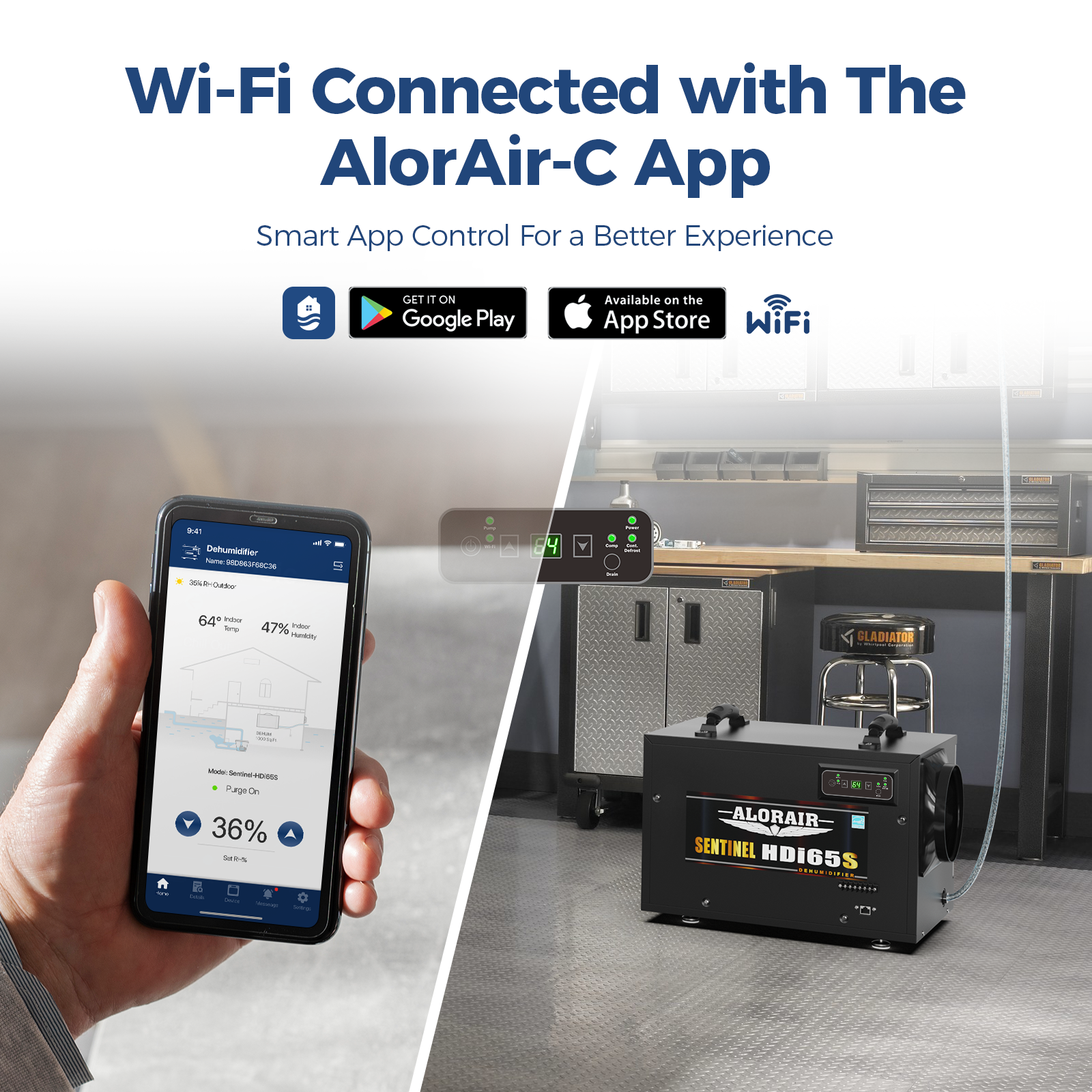 AlorAir App Controlled 120 PPD Crawl Space Dehumidifiers Size for 1300 sq.ft with Pump | Sentinel HDi65S WIFI