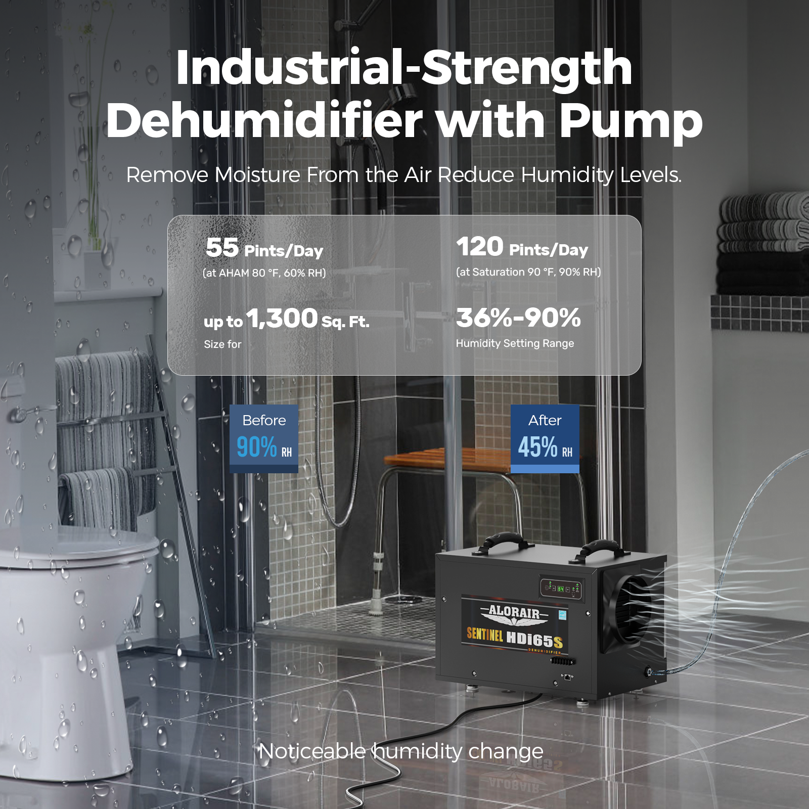 AlorAir App Controlled 120 PPD Crawl Space Dehumidifiers Size for 1300 sq.ft with Pump | Sentinel HDi65S WIFI