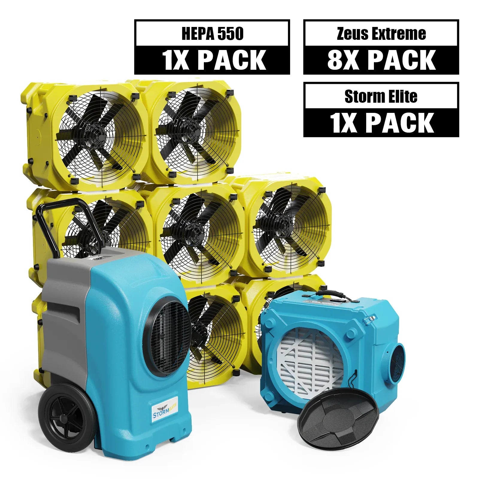 Alorair Water Damage Restoration Combo Pack, 1 X Storm Elite Commercial Dehumidifier, 8 X Zeus Extreme Air Mover, 1 X CleanShield HEPA 550 Scrubber