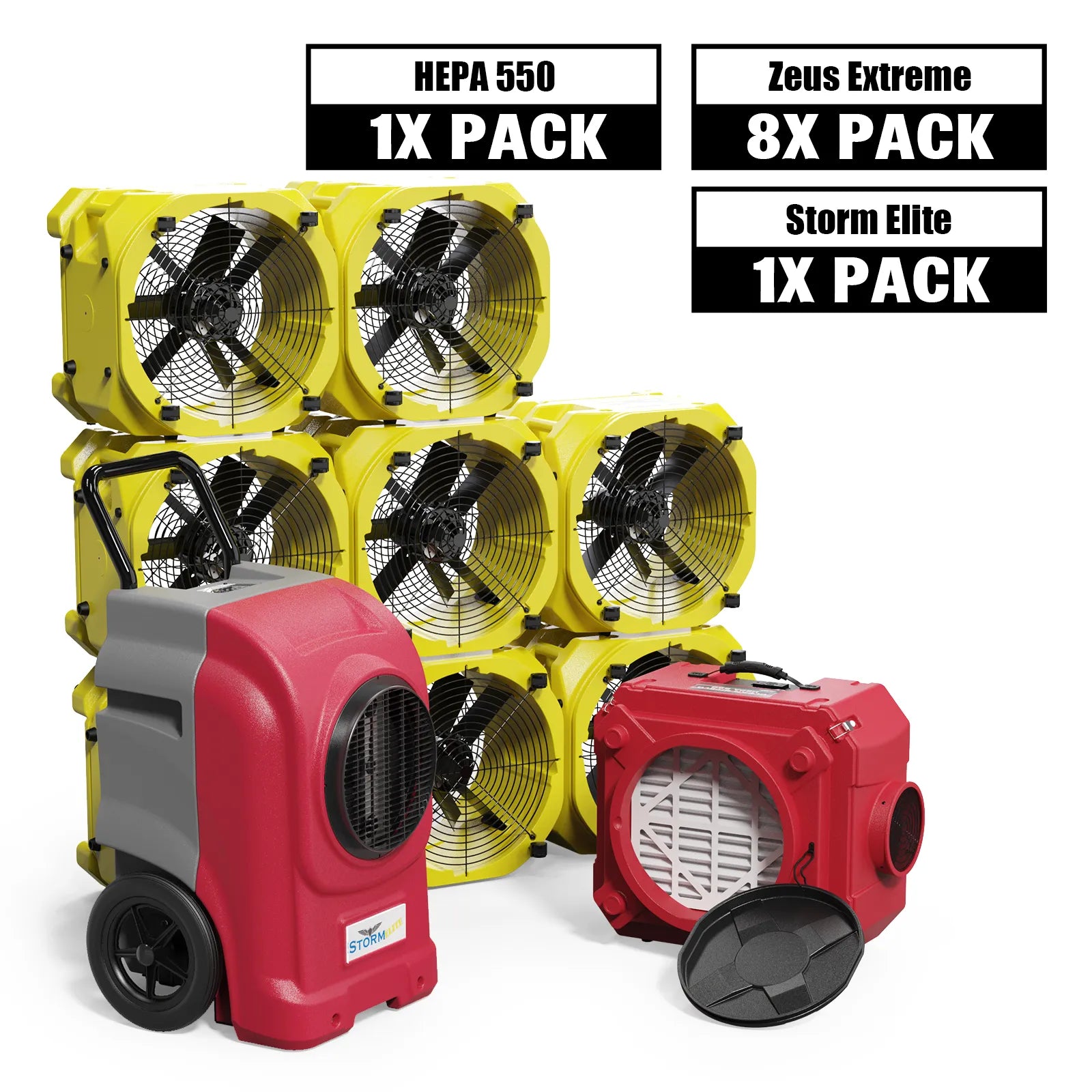 Alorair Water Damage Restoration Combo Pack, 1 X Storm Elite Commercial Dehumidifier, 8 X Zeus Extreme Air Mover, 1 X CleanShield HEPA 550 Scrubber