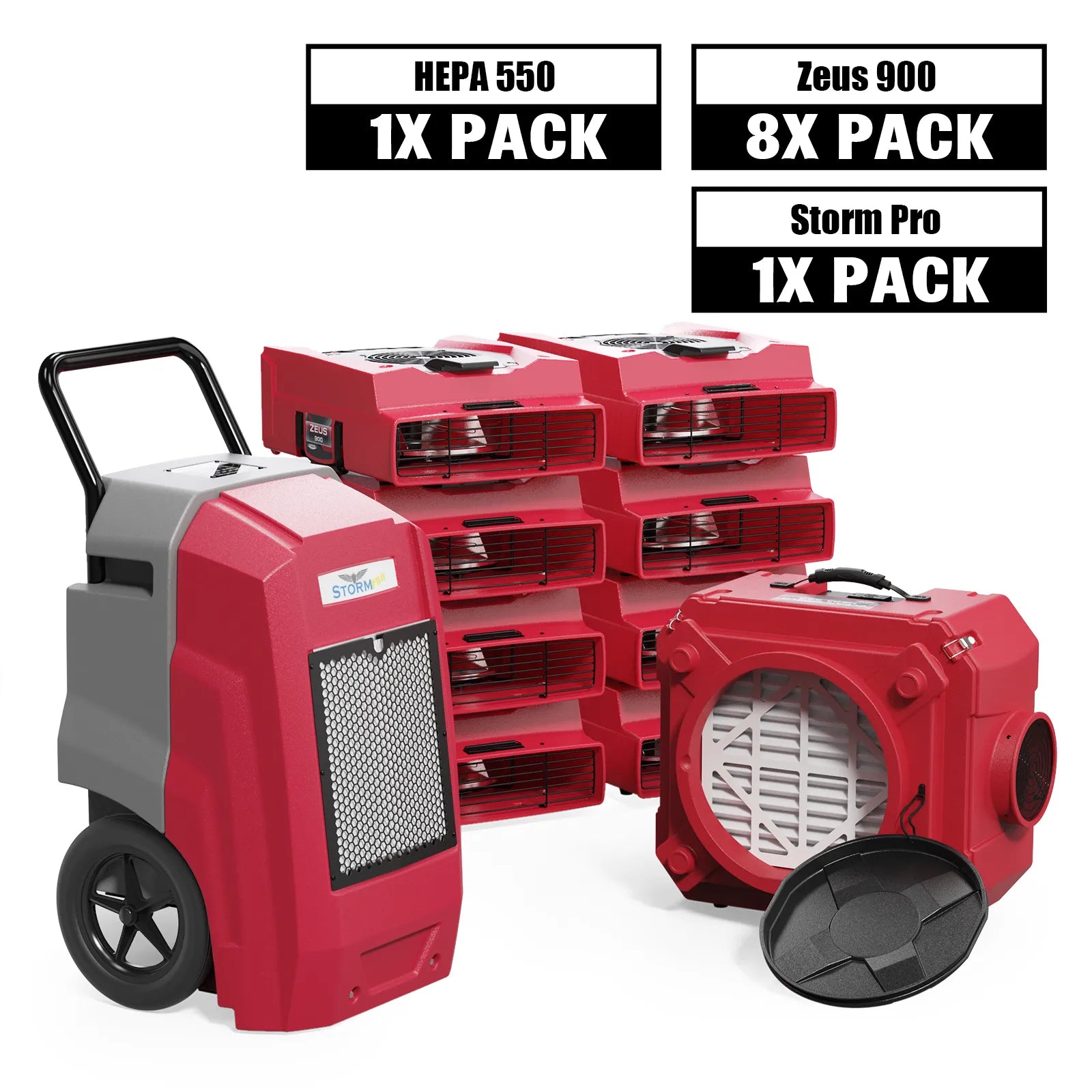 Alorair Water Damage Restoration Combo Pack, 1 X Storm Pro Commercial Dehumidifier, 8 X Zeus 900 Air Mover, 1 X CleanShield HEPA 550 Scrubber