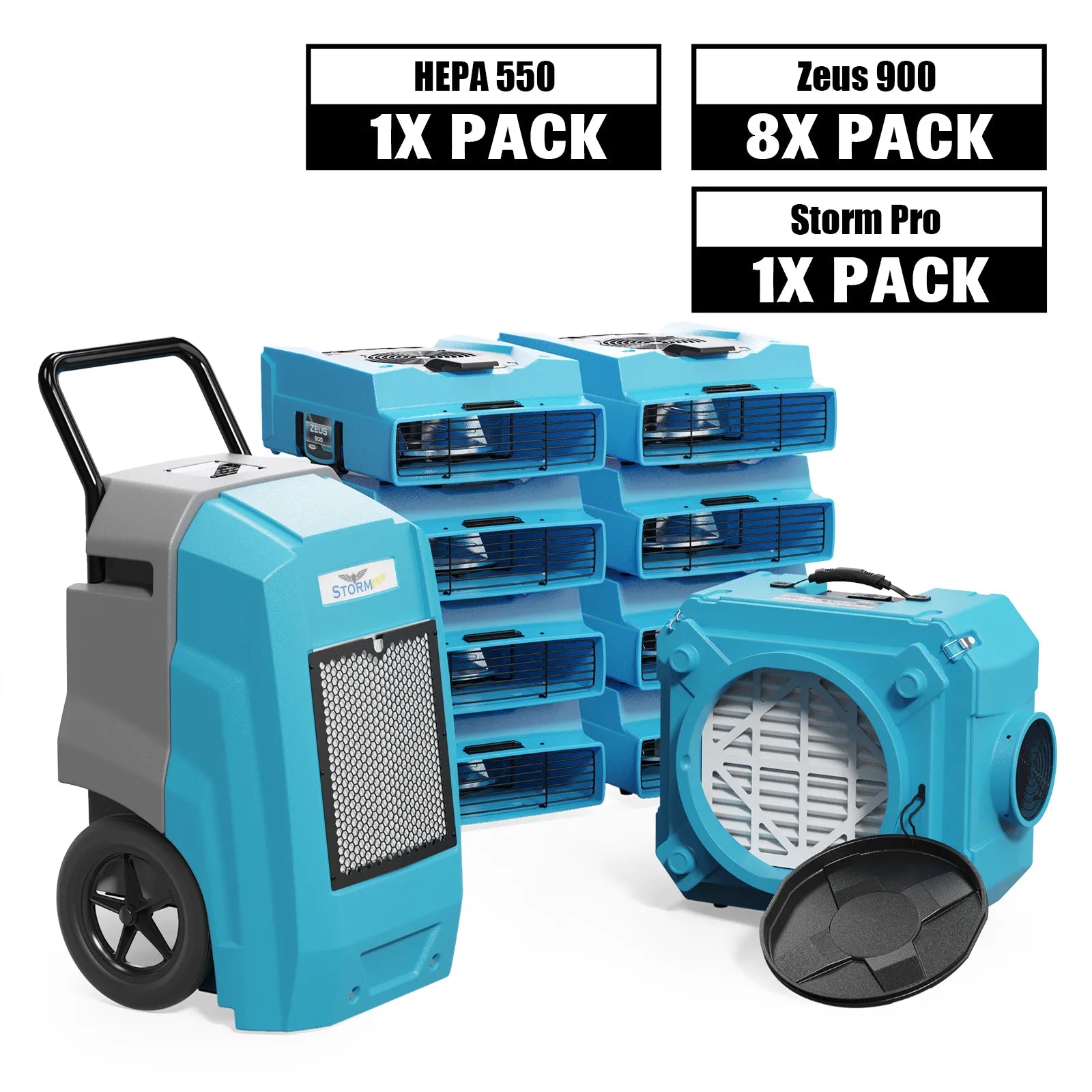 Alorair Water Damage Restoration Combo Pack, 1 X Storm Pro Commercial Dehumidifier, 8 X Zeus 900 Air Mover, 1 X CleanShield HEPA 550 Scrubber