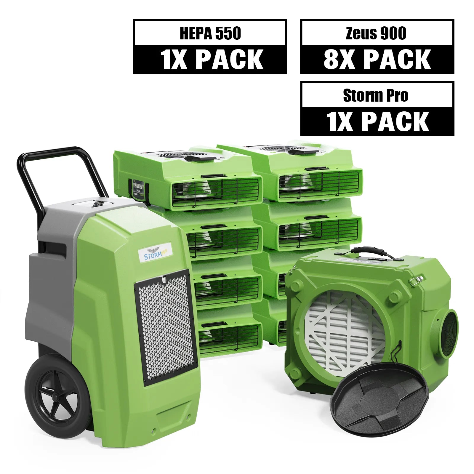 Alorair Water Damage Restoration Combo Pack, 1 X Storm Pro Commercial Dehumidifier, 8 X Zeus 900 Air Mover, 1 X CleanShield HEPA 550 Scrubber