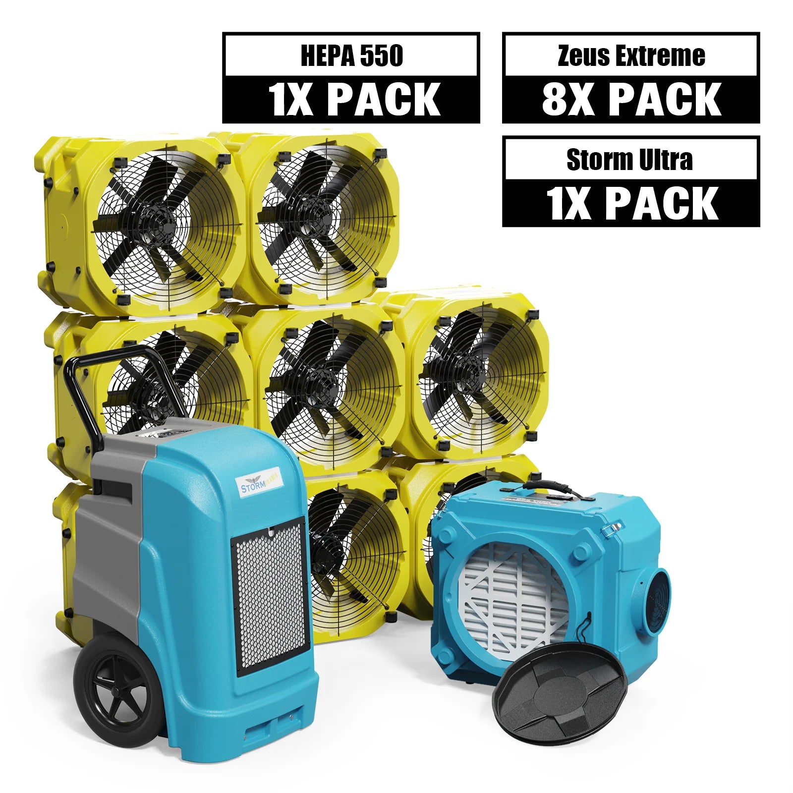 Alorair Water Damage Restoration Combo Pack, 1 X Storm Ultra Commercial Dehumidifier, 8 X Zeus Extreme Air Mover, 1 X CleanShield HEPA 550 Scrubber