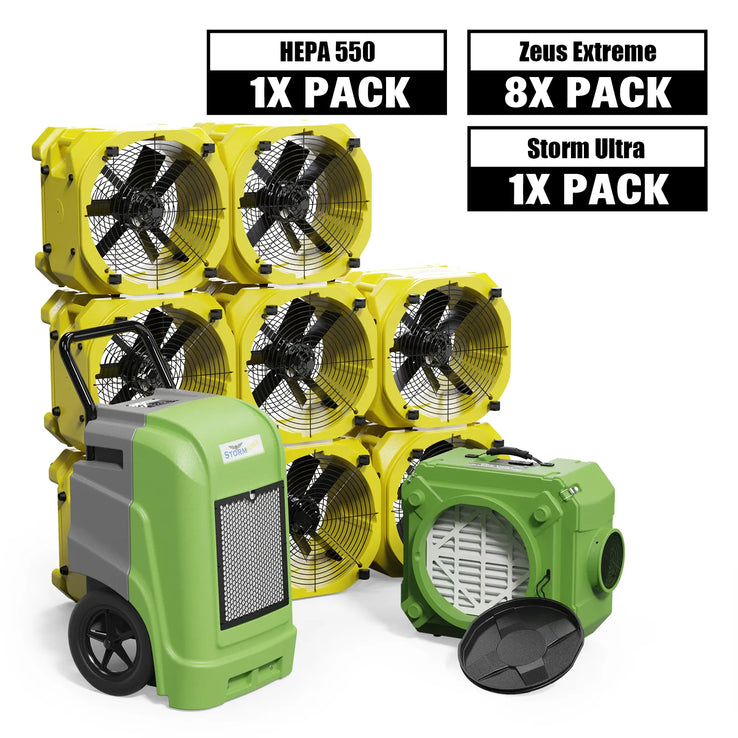 Alorair Water Damage Restoration Combo Pack, 1 X Storm Ultra Commercial Dehumidifier, 8 X Zeus Extreme Air Mover, 1 X CleanShield HEPA 550 Scrubber