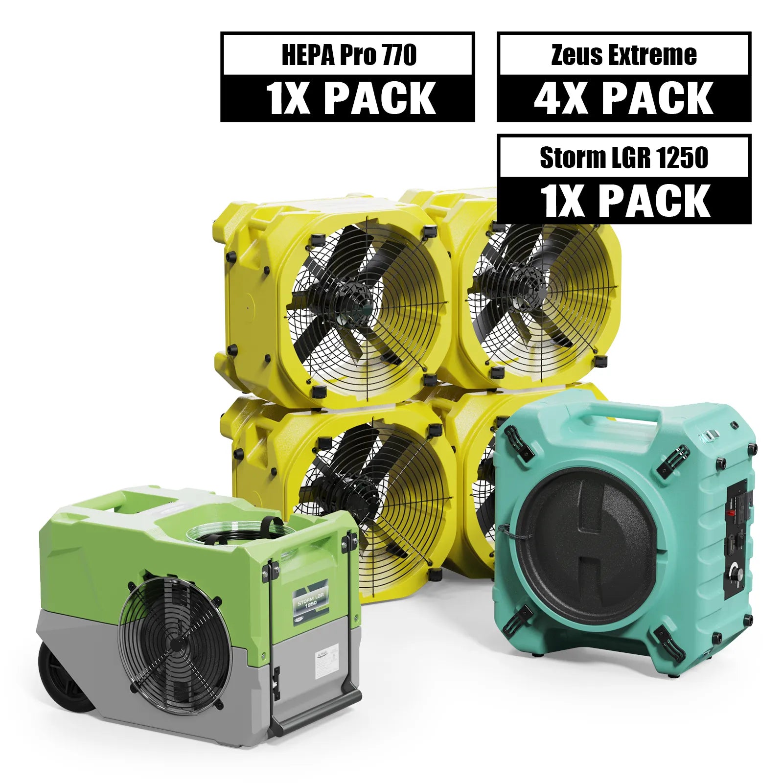 Alorair Mold Prevention Combo Pack, 1 X Storm LGR 1250 Commercial Dehumidifier, 4 X Zeus Extreme Air Mover, 1 X HEPA Pro 770 Air Scrubber