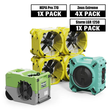 Alorair Mold Prevention Combo Pack, 1 X Storm LGR 1250 Commercial Dehumidifier, 4 X Zeus Extreme Air Mover, 1 X HEPA Pro 770 Air Scrubber