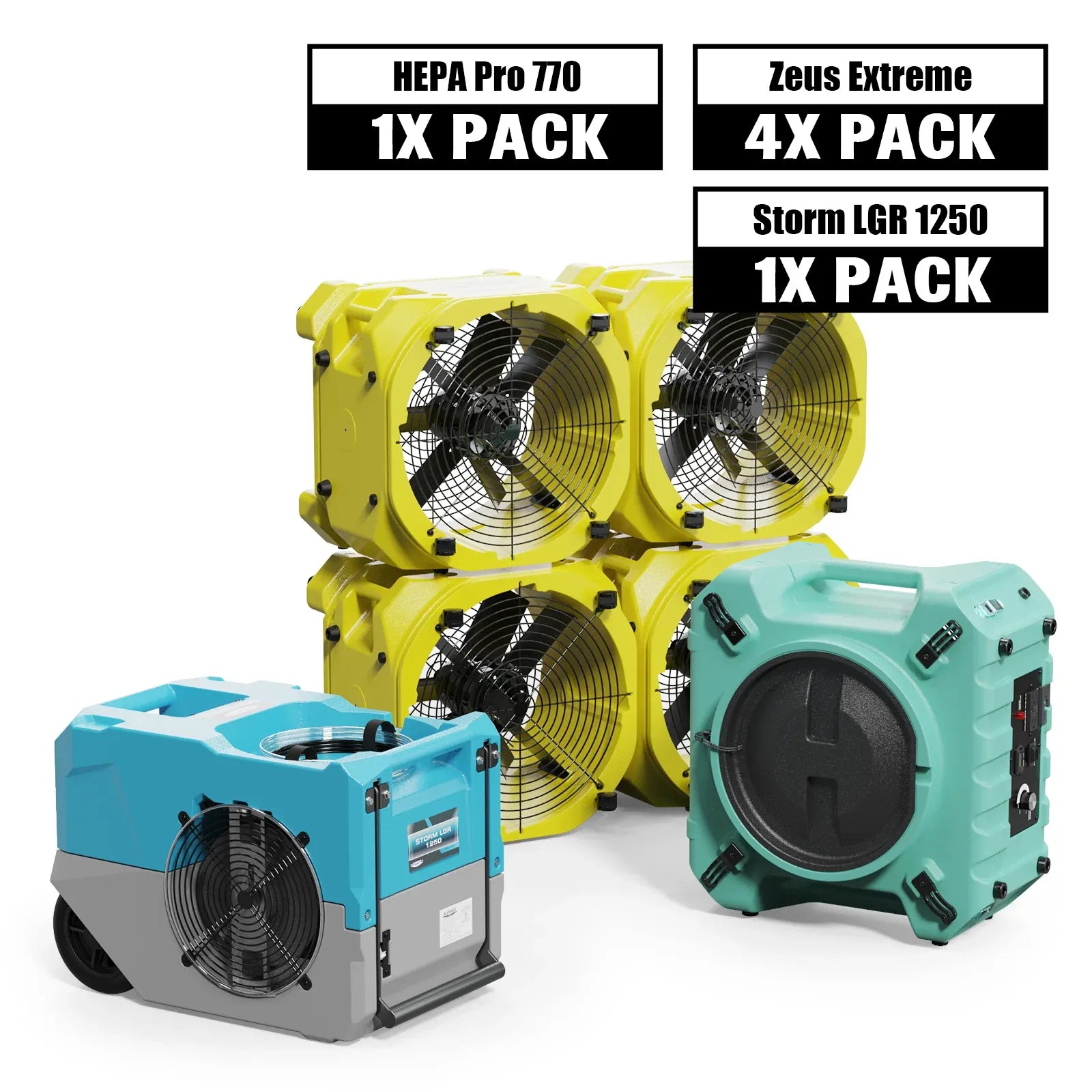 Alorair Mold Prevention Combo Pack, 1 X Storm LGR 1250 Commercial Dehumidifier, 4 X Zeus Extreme Air Mover, 1 X HEPA Pro 770 Air Scrubber