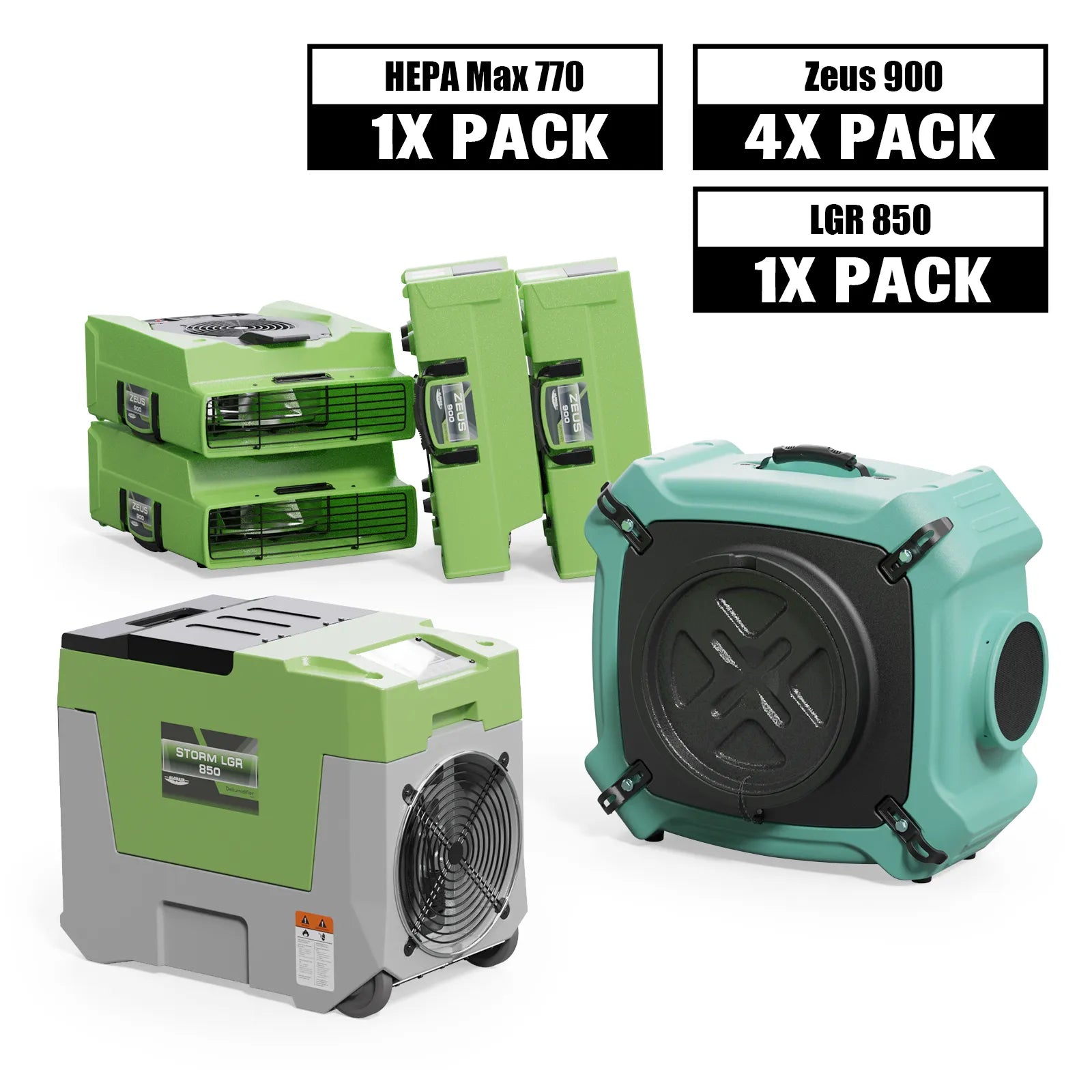 Alorair Mold Prevention Combo Pack, 1 X Storm LGR 850 Commercial Dehumidifier, 4 X Zeus 900 Air Mover, 1 X HEPA Max 770 Air Scrubber