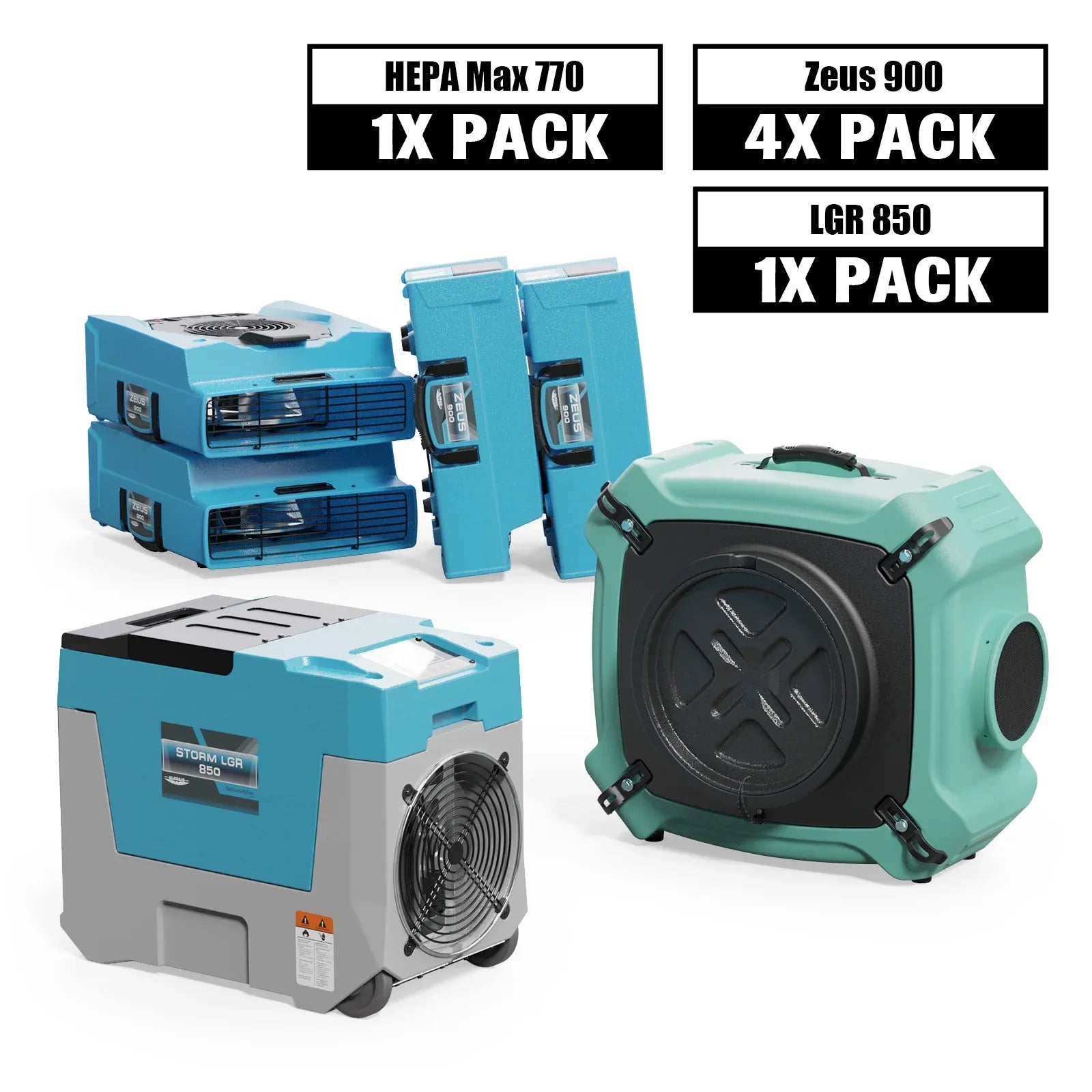 Alorair Mold Prevention Combo Pack, 1 X Storm LGR 850 Commercial Dehumidifier, 4 X Zeus 900 Air Mover, 1 X HEPA Max 770 Air Scrubber