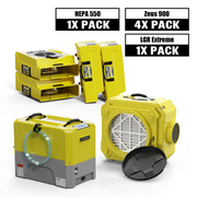 AlorAir® Combo Pack for Water Damage Restoration, 1 x Storm LGR Extreme Commercial Dehumidifier, 4 x Zeus 900 Air Movers, 1 x CleanShield HEPA 550 Air Scrubber