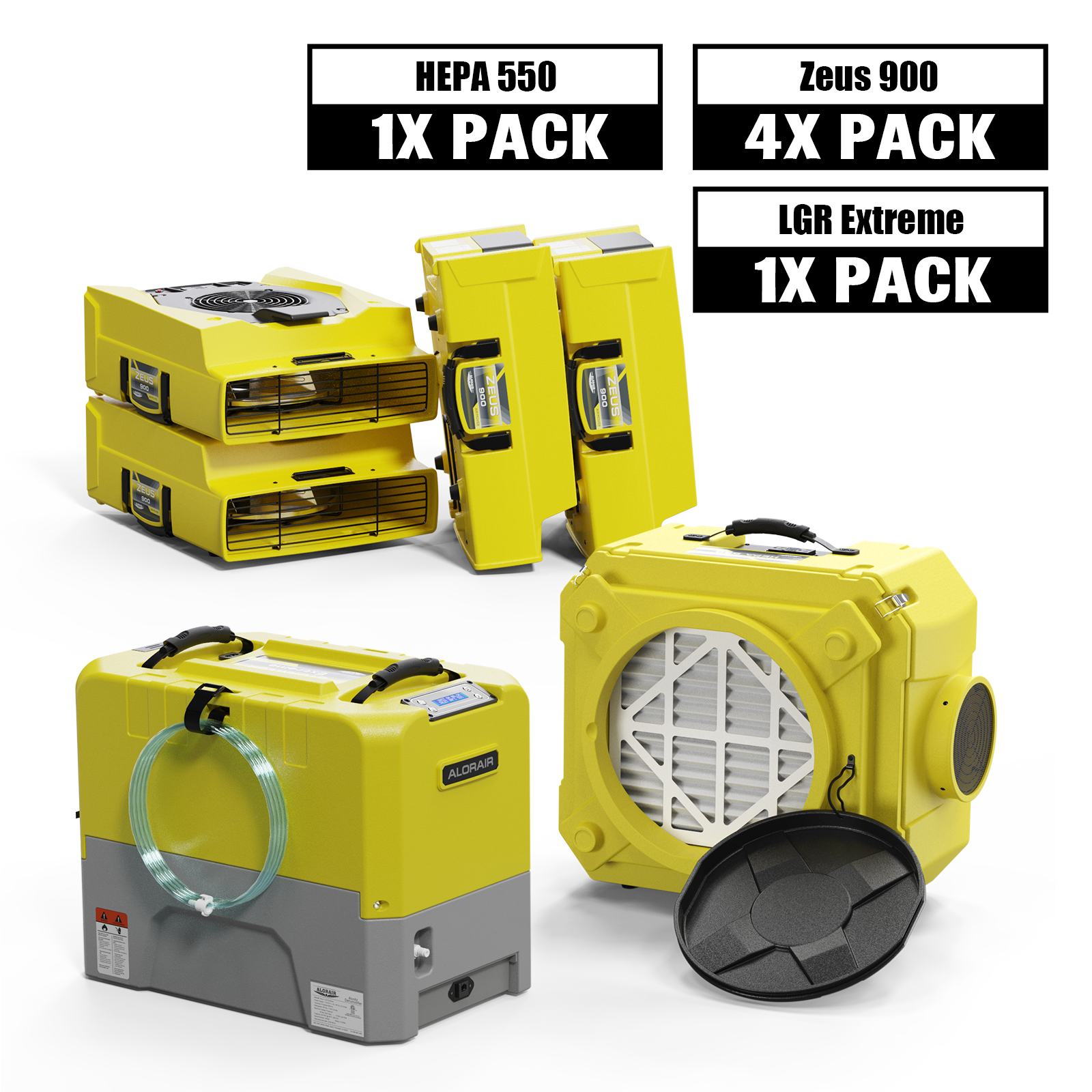 AlorAir® Combo Pack for Water Damage Restoration, 1 x Storm LGR Extreme Commercial Dehumidifier, 4 x Zeus 900 Air Movers, 1 x CleanShield HEPA 550 Air Scrubber