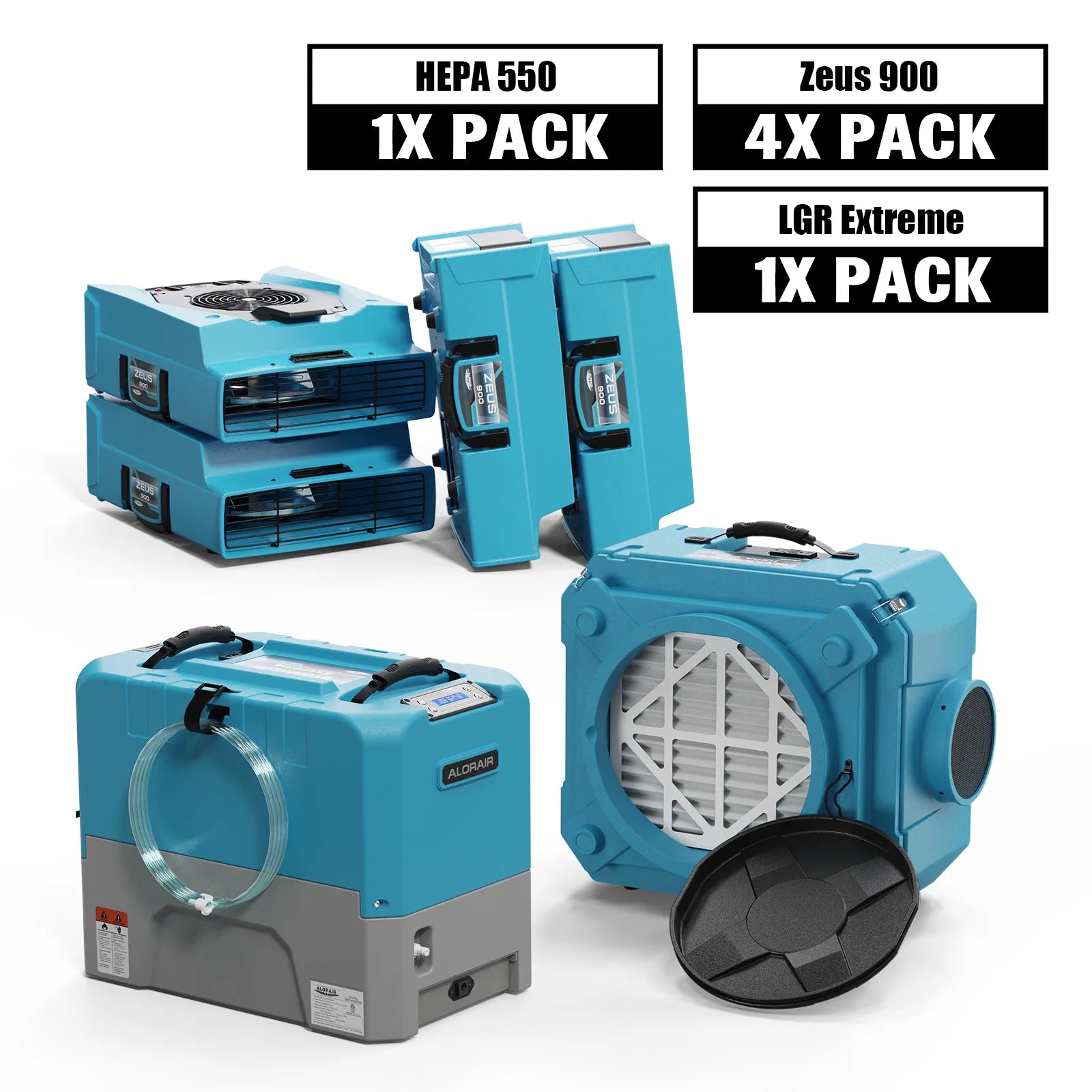 AlorAir® Combo Pack for Water Damage Restoration, 1 x Storm LGR Extreme Commercial Dehumidifier, 4 x Zeus 900 Air Movers, 1 x CleanShield HEPA 550 Air Scrubber