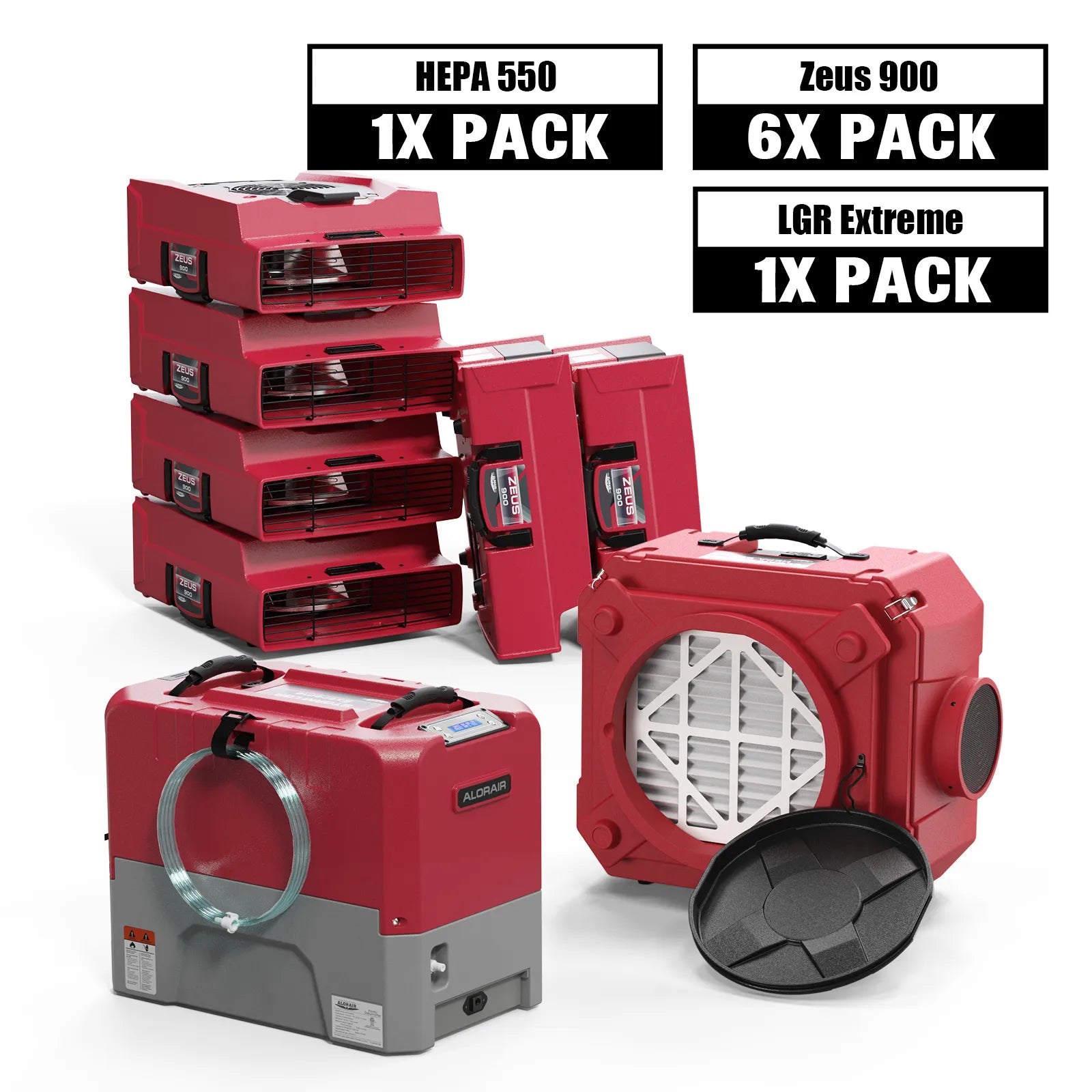 Alorair Water Damage Restoration Equipment, 1 X Storm LGR Extreme Commercial Dehumidifier, 6 X Zeus 900 Air Mover, 1 X CleanShield HEPA 550 Scrubber