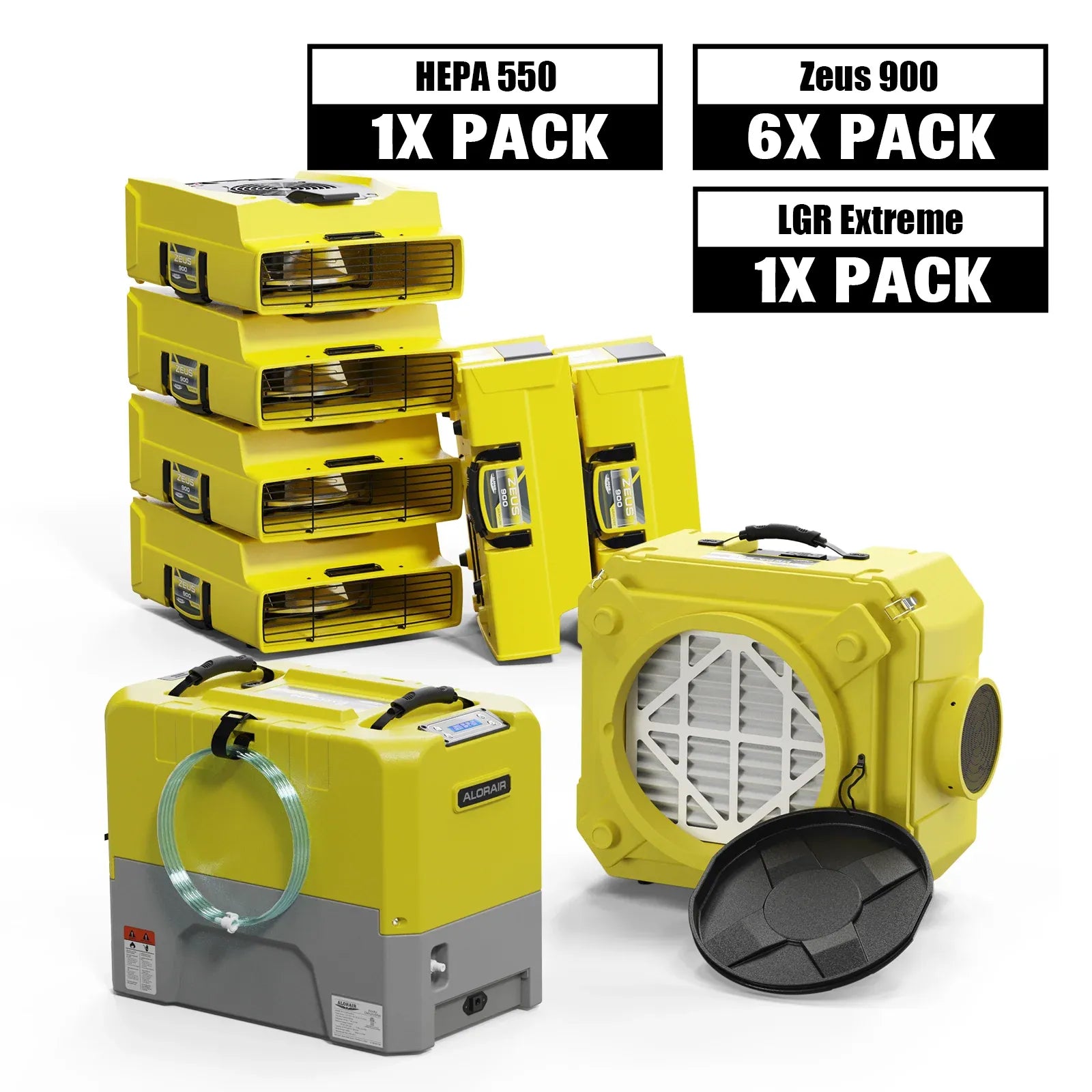 Alorair Water Damage Restoration Equipment, 1 X Storm LGR Extreme Commercial Dehumidifier, 6 X Zeus 900 Air Mover, 1 X CleanShield HEPA 550 Scrubber