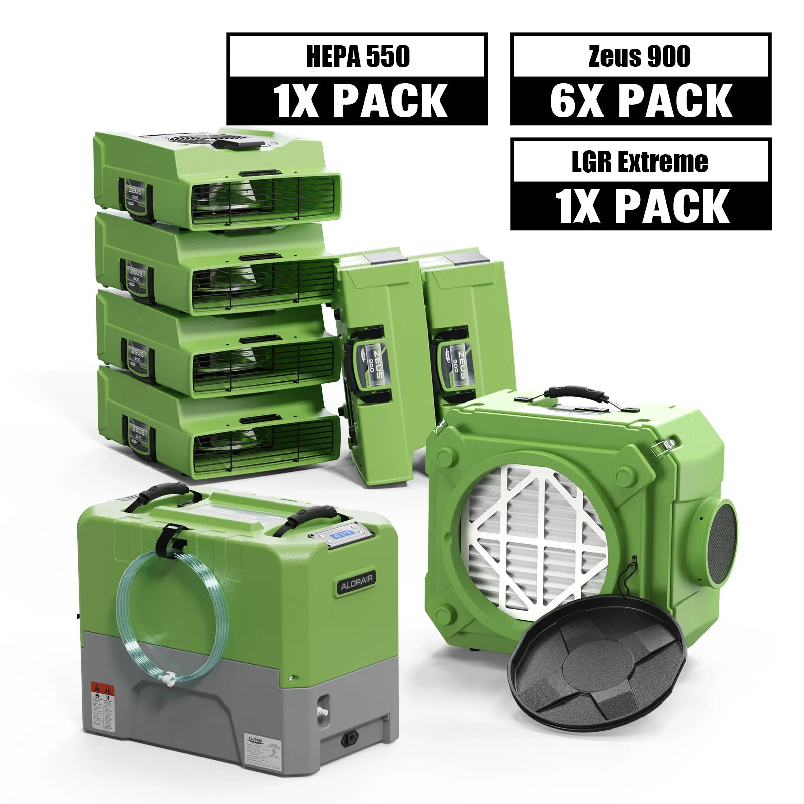 Alorair Water Damage Restoration Equipment, 1 X Storm LGR Extreme Commercial Dehumidifier, 6 X Zeus 900 Air Mover, 1 X CleanShield HEPA 550 Scrubber