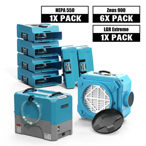 Alorair Water Damage Restoration Equipment, 1 X Storm LGR Extreme Commercial Dehumidifier, 6 X Zeus 900 Air Mover, 1 X CleanShield HEPA 550 Scrubber