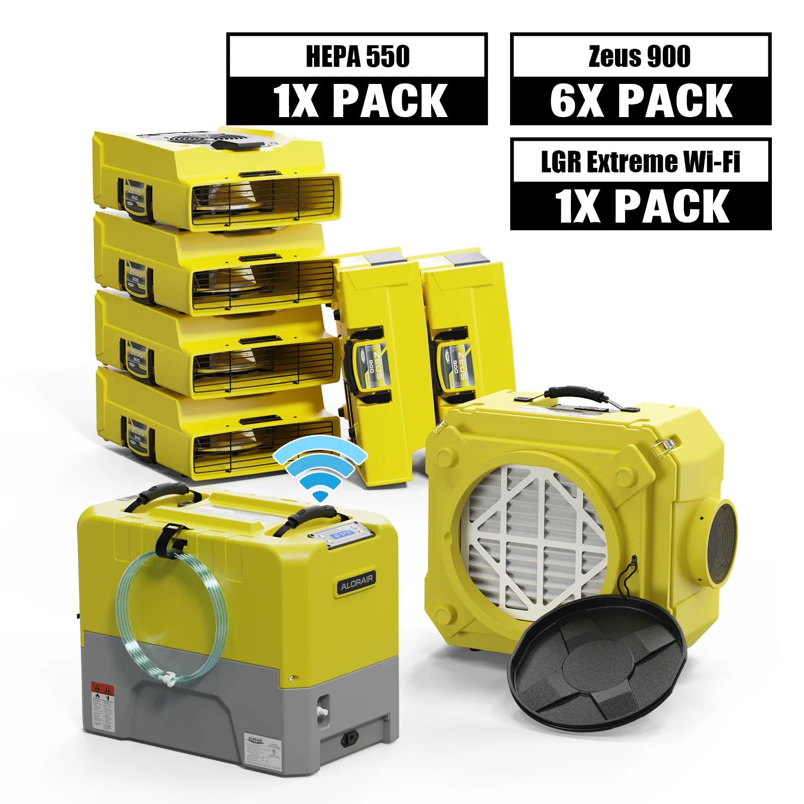 Alorair Water Damage Restoration Equipment, 1 X Storm LGR Extreme WiFi Commercial Dehumidifier, 6 X Zeus 900 Air Mover, 1 X CleanShield HEPA 550 Scrubber