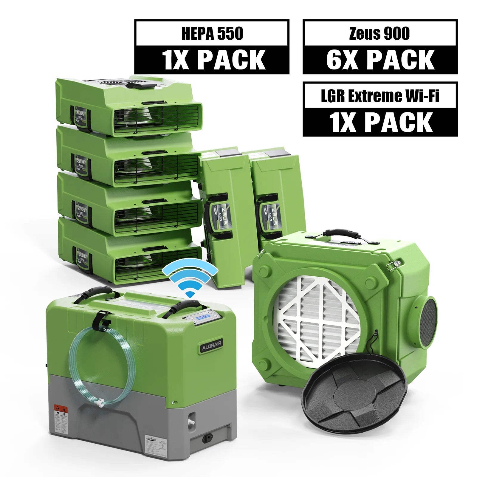 Alorair Water Damage Restoration Equipment, 1 X Storm LGR Extreme WiFi Commercial Dehumidifier, 6 X Zeus 900 Air Mover, 1 X CleanShield HEPA 550 Scrubber