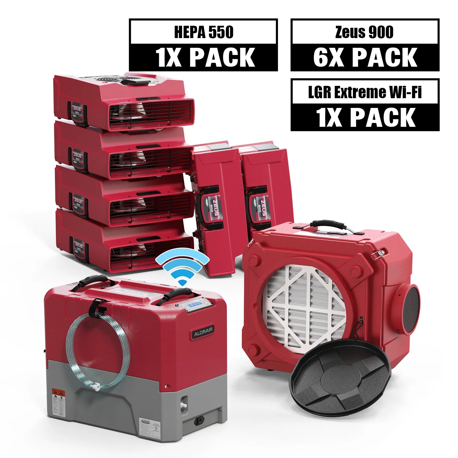 Alorair Water Damage Restoration Equipment, 1 X Storm LGR Extreme WiFi Commercial Dehumidifier, 6 X Zeus 900 Air Mover, 1 X CleanShield HEPA 550 Scrubber