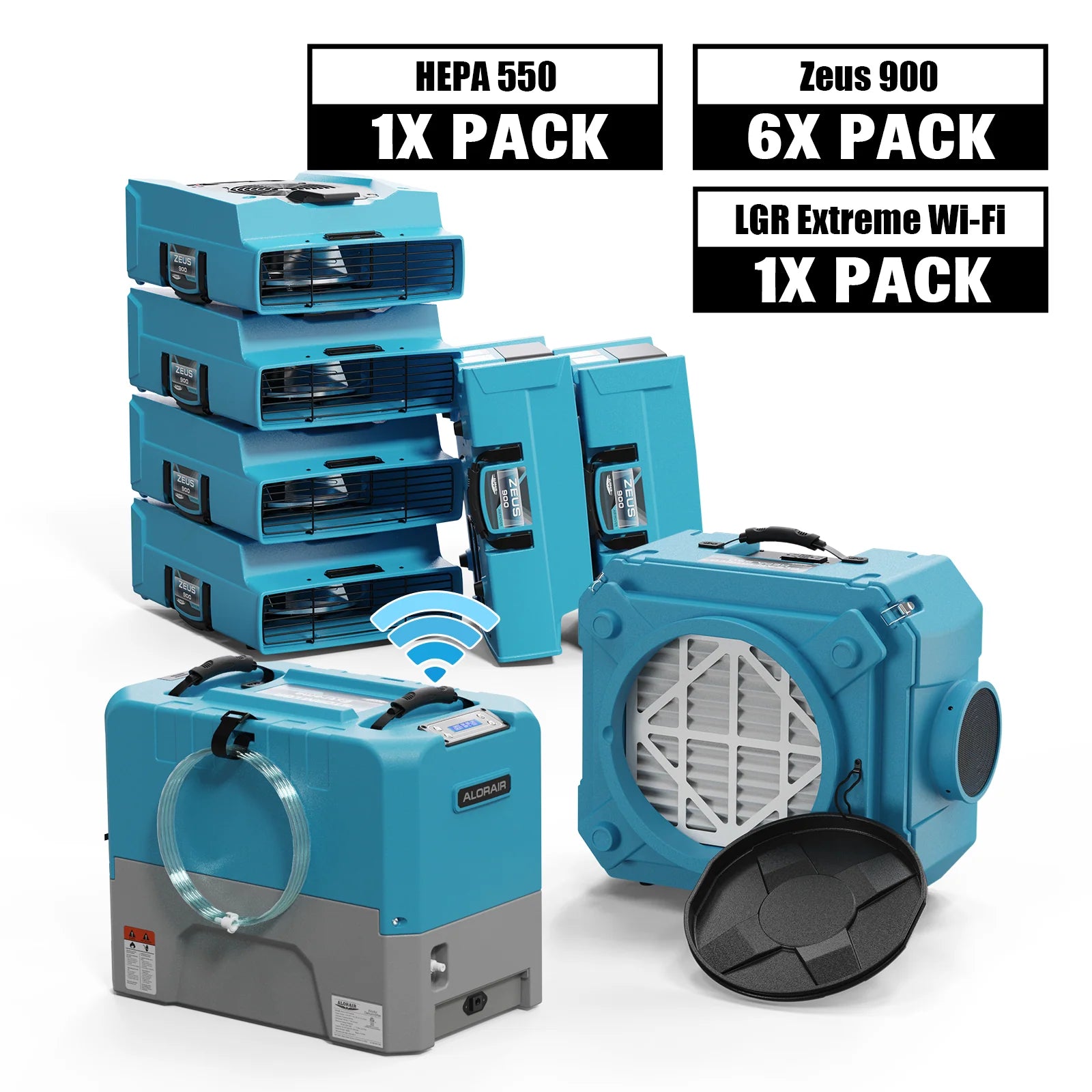 Alorair Water Damage Restoration Equipment, 1 X Storm LGR Extreme WiFi Commercial Dehumidifier, 6 X Zeus 900 Air Mover, 1 X CleanShield HEPA 550 Scrubber