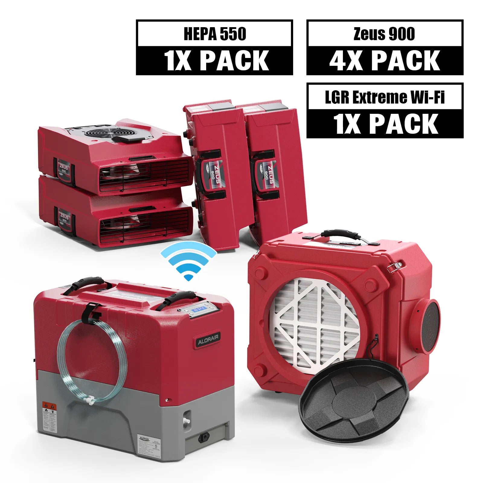 Alorair Mold Prevention Combo Pack, 1 X Storm LGR Extreme Wi-Fi Commercial Dehumidifier, 4 X Zeus 900 Air Mover, 1 X CleanShield HEPA 550 Air Scrubber