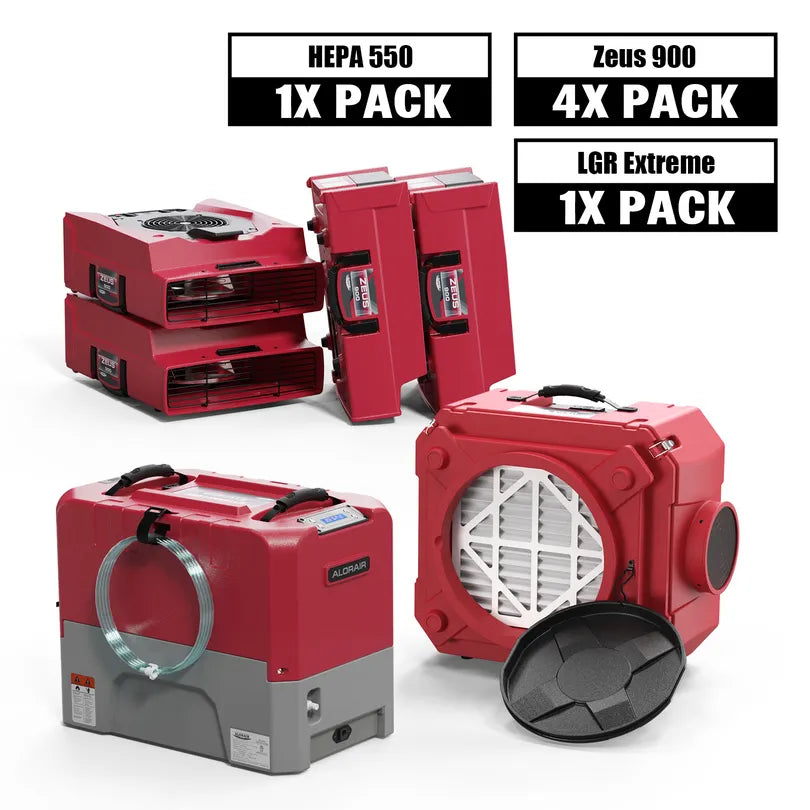 Alorair Mold Prevention Combo Pack, 1 X Storm LGR Extreme Commercial Dehumidifier, 4 X Zeus 900 Air Mover, 1 X CleanShield HEPA 550 Air Scrubber